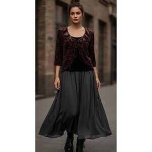 Velvet Burnout Floral Tie Front Top Black Red Sheer Overlay Boho Goth Romantic Y